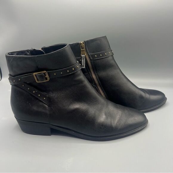Lauren Ralph Lauren Shaw Black Leather Studded Buckle Heeled Ankle Booties - Picture 6 of 9